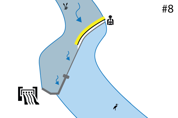 Flexible Kofferdämme Water-Gate ©. Diagramm einer Installation an einer Flussschwelle Überlauf. Fall Nr. 7
